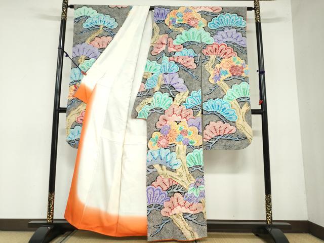平和屋着物●豪華振袖　鹿の子草花松文　黒地　正絹　逸品　DAAZ7257ud