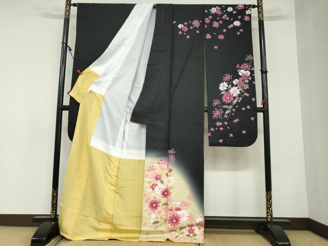 平和屋着物○豪華振袖 草花文 暈し染め 黒地 ロング丈 正絹 逸品