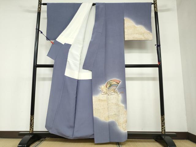 平和屋着物●友禅師・京の名工・伝統工芸士・樽本伊勢蔵　訪問着　楽器扇面飛鶴文　能面　暈し染め　金彩　正絹　逸品　DAAZ7264ud