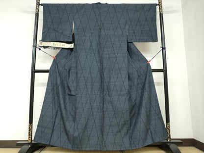 平和屋着物●本場塩沢 ゆきしろ紬 変わり格子文 反端付き 正絹 逸品 DAAZ7321ud