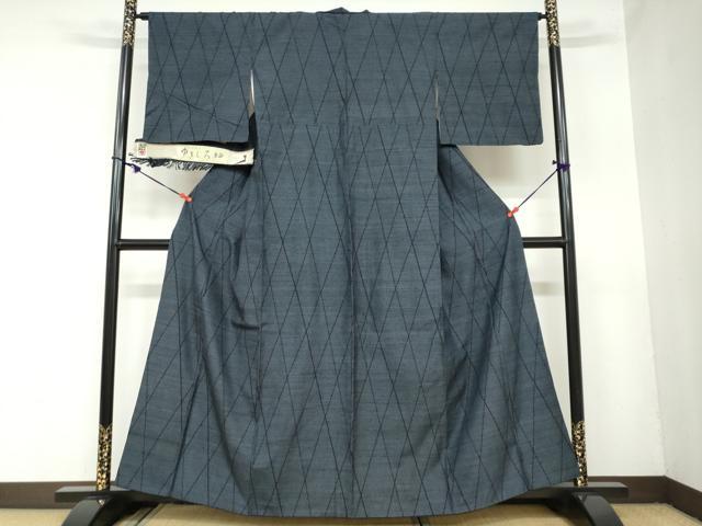 平和屋着物●本場塩沢 ゆきしろ紬 変わり格子文 反端付き 正絹 逸品 DAAZ7321ud