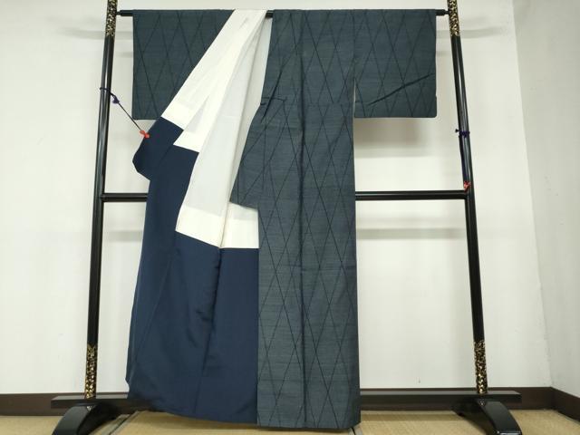 平和屋着物●本場塩沢 ゆきしろ紬 変わり格子文 反端付き 正絹 逸品 DAAZ7321ud