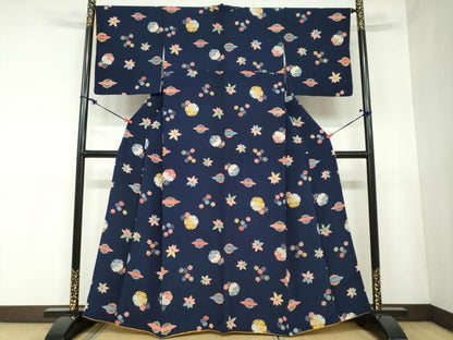 平和屋着物●上質な小紋 型染め 雪輪草花文 鬼しぼ縮緬 正絹 逸品 DAAZ7354ud