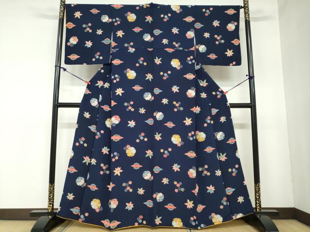 平和屋着物●上質な小紋 型染め 雪輪草花文 鬼しぼ縮緬 正絹 逸品 DAAZ7354ud