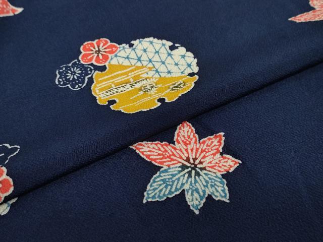 平和屋着物●上質な小紋 型染め 雪輪草花文 鬼しぼ縮緬 正絹 逸品 DAAZ7354ud