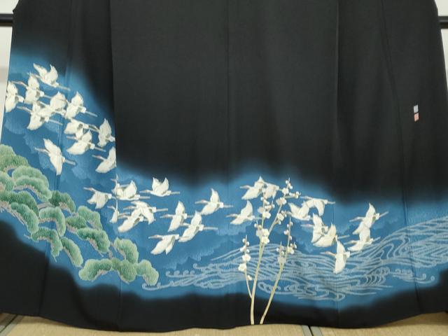 平和屋着物○本加賀友禅作家 鶴見保次 黒留袖 流水飛鶴