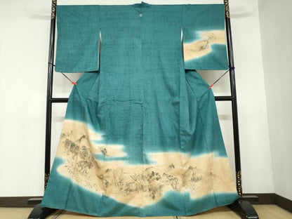 平和屋着物●訪問着　作家物　手描き　生紬　人物風景文　正絹　逸品　DAAZ7384ud