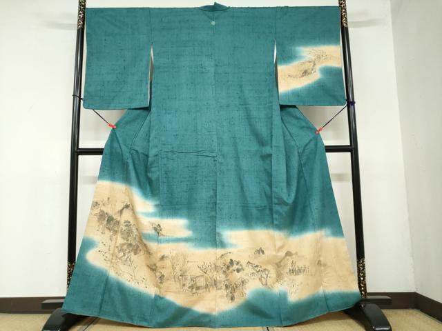 平和屋着物●訪問着　作家物　手描き　生紬　人物風景文　正絹　逸品　DAAZ7384ud