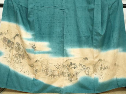 平和屋着物●訪問着　作家物　手描き　生紬　人物風景文　正絹　逸品　DAAZ7384ud