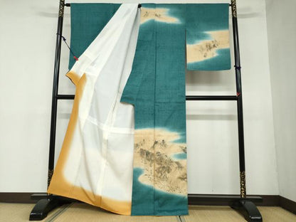 平和屋着物●訪問着　作家物　手描き　生紬　人物風景文　正絹　逸品　DAAZ7384ud