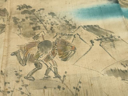 平和屋着物●訪問着　作家物　手描き　生紬　人物風景文　正絹　逸品　DAAZ7384ud