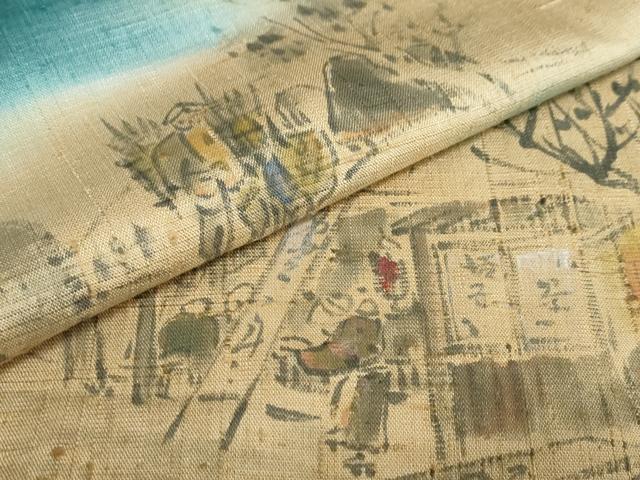 平和屋着物●訪問着　作家物　手描き　生紬　人物風景文　正絹　逸品　DAAZ7384ud