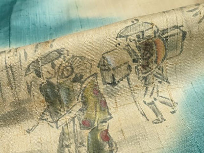 平和屋着物●訪問着　作家物　手描き　生紬　人物風景文　正絹　逸品　DAAZ7384ud