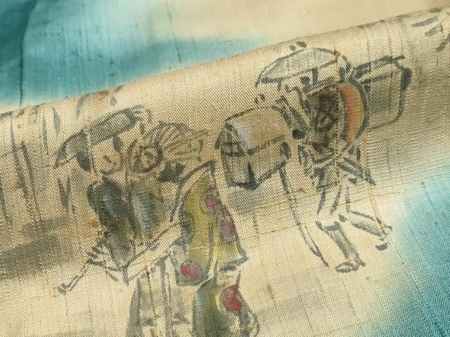 平和屋着物●訪問着　作家物　手描き　生紬　人物風景文　正絹　逸品　DAAZ7384ud