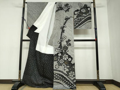 平和屋着物●訪問着　総絞り　草花文　黒地　金彩　正絹　逸品　未使用　DAAZ7389ud