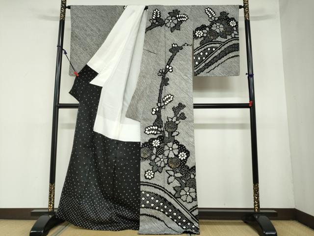 平和屋着物●訪問着　総絞り　草花文　黒地　金彩　正絹　逸品　未使用　DAAZ7389ud