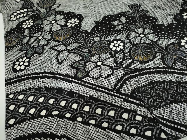 平和屋着物●訪問着　総絞り　草花文　黒地　金彩　正絹　逸品　未使用　DAAZ7389ud
