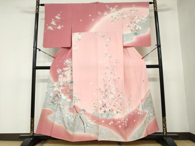 平和屋着物●訪問着　作家物　御所車群鶴草花文　暈し染め　金銀彩　正絹　逸品　DAAZ7392ud