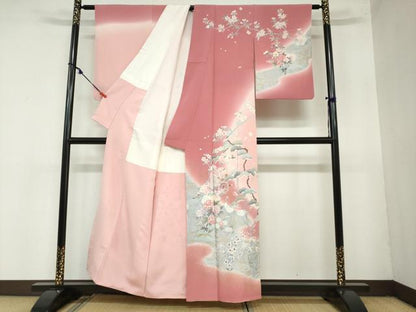 平和屋着物●訪問着　作家物　御所車群鶴草花文　暈し染め　金銀彩　正絹　逸品　DAAZ7392ud