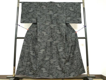 平和屋着物●結城紬　80亀甲　雲取り吉祥笹竹文　正絹　逸品　DAAZ7425ud