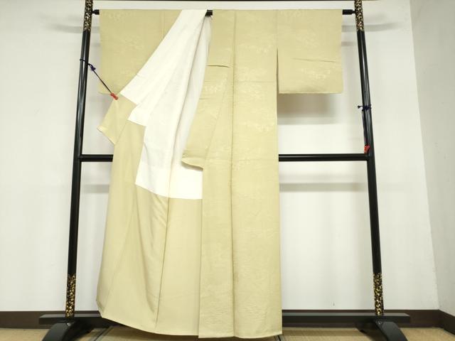 平和屋着物●上質な色無地　エ霞風景地紋　青朽葉色　反端付き　正絹　逸品　DAAZ7555ud 平和屋着物○上質な色無地 エ霞風景地紋 青朽葉色 反