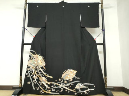 平和屋着物●豪華黒留袖 駒刺繍 宝尽くし扇面草花文 金彩 正絹 逸品 DAAZ7562ud