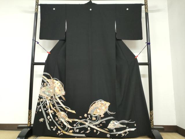 平和屋着物●豪華黒留袖 駒刺繍 宝尽くし扇面草花文 金彩 正絹 逸品 DAAZ7562ud
