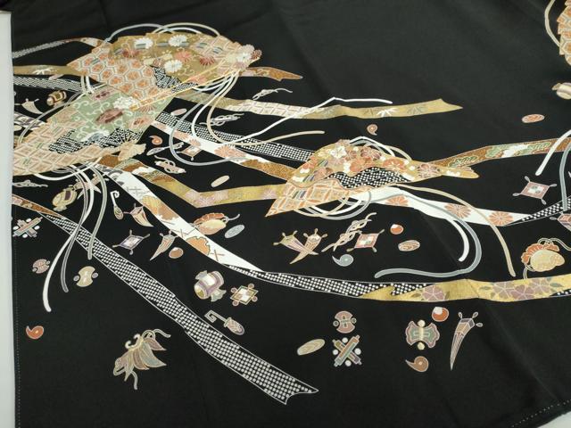 平和屋着物●豪華黒留袖 駒刺繍 宝尽くし扇面草花文 金彩 正絹 逸品 DAAZ7562ud