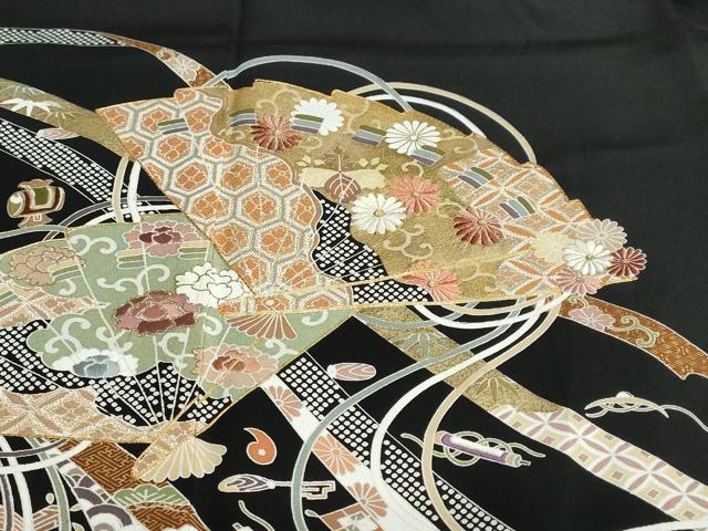 平和屋着物●豪華黒留袖 駒刺繍 宝尽くし扇面草花文 金彩 正絹 逸品 DAAZ7562ud