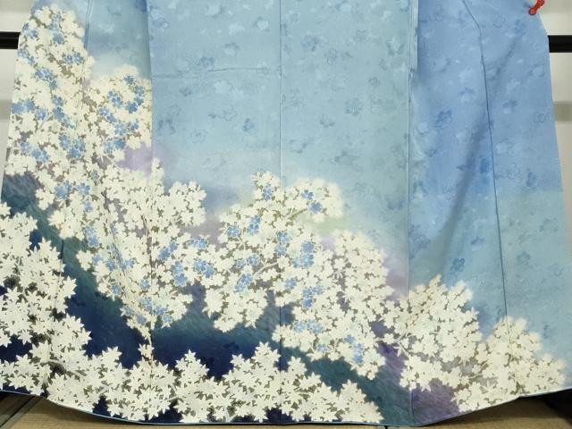 平和屋着物●訪問着　枝桜文　暈し染め　金彩　銀通し地　正絹　逸品　DAAZ7581ud
