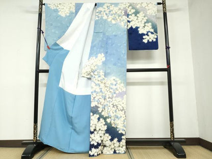平和屋着物●訪問着　枝桜文　暈し染め　金彩　銀通し地　正絹　逸品　DAAZ7581ud