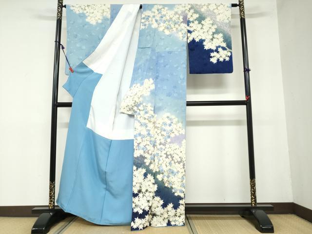 平和屋着物●訪問着　枝桜文　暈し染め　金彩　銀通し地　正絹　逸品　DAAZ7581ud