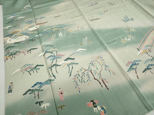 平和屋着物●訪問着　友禅　作家物　人物風景文　暈し染め　鬼しぼ縮緬　正絹　逸品　DAAZ7647ud 平和屋着物○訪問着 友禅 作家物 人物風景文 暈し染め 鬼