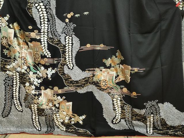 平和屋着物●豪華振袖　絞り　御所車草花文　黒地　金彩　ロング丈　正絹　逸品　DAAZ7662ud