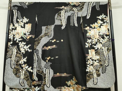 平和屋着物●豪華振袖　絞り　御所車草花文　黒地　金彩　ロング丈　正絹　逸品　DAAZ7662ud