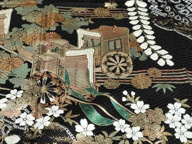 平和屋着物●豪華振袖　絞り　御所車草花文　黒地　金彩　ロング丈　正絹　逸品　DAAZ7662ud