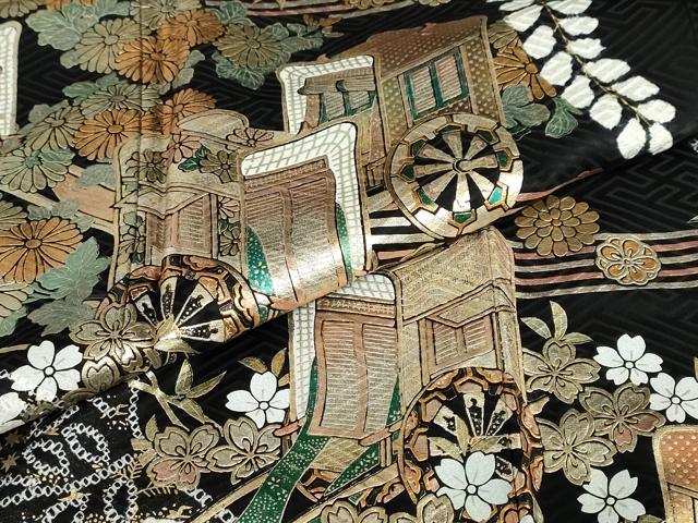 平和屋着物●豪華振袖　絞り　御所車草花文　黒地　金彩　ロング丈　正絹　逸品　DAAZ7662ud