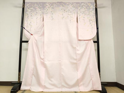 平和屋着物●小振袖　二尺袖　枝垂れ桜文　金彩　ロング丈　洗える着物　DAAZ7693ud