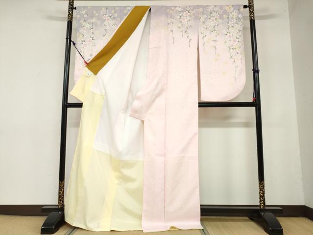平和屋着物●小振袖　二尺袖　枝垂れ桜文　金彩　ロング丈　洗える着物　DAAZ7693ud
