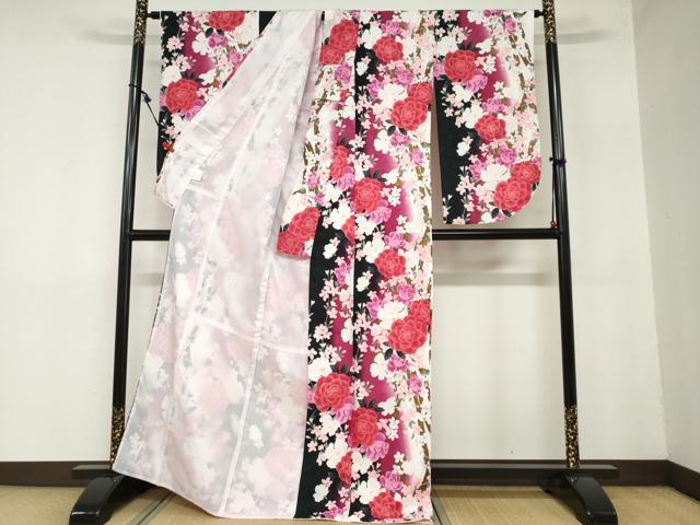 平和屋着物○小振袖 二尺袖 草花文 金彩 洗える着物 DAAZ7696ud