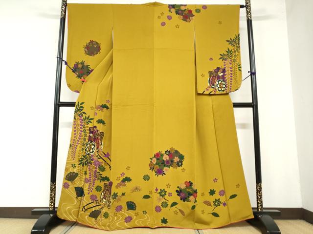 平和屋着物●小振袖　二尺袖　流水御所車草花文　金彩　正絹　逸品　DAAZ7697ud 平和屋着物○小振袖 二尺袖 流水御所車草花文 金彩 正絹 逸品