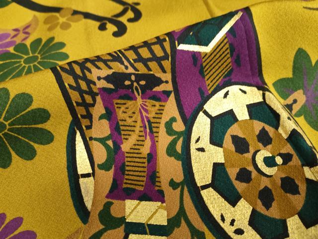 平和屋着物●小振袖　二尺袖　流水御所車草花文　金彩　正絹　逸品　DAAZ7697ud 平和屋着物○小振袖 二尺袖 流水御所車草花文 金彩 正絹 逸品