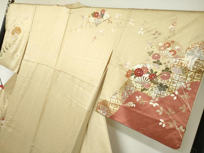 平和屋着物●訪問着　扇面宝尽くし草花文　金銀彩　正絹　逸品　DAAZ7725ud