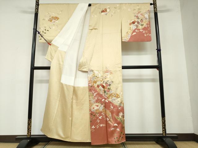 平和屋着物●訪問着　扇面宝尽くし草花文　金銀彩　正絹　逸品　DAAZ7725ud