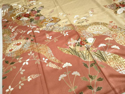 平和屋着物●訪問着　扇面宝尽くし草花文　金銀彩　正絹　逸品　DAAZ7725ud