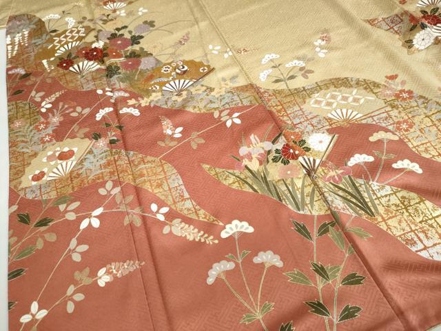 平和屋着物●訪問着　扇面宝尽くし草花文　金銀彩　正絹　逸品　DAAZ7725ud