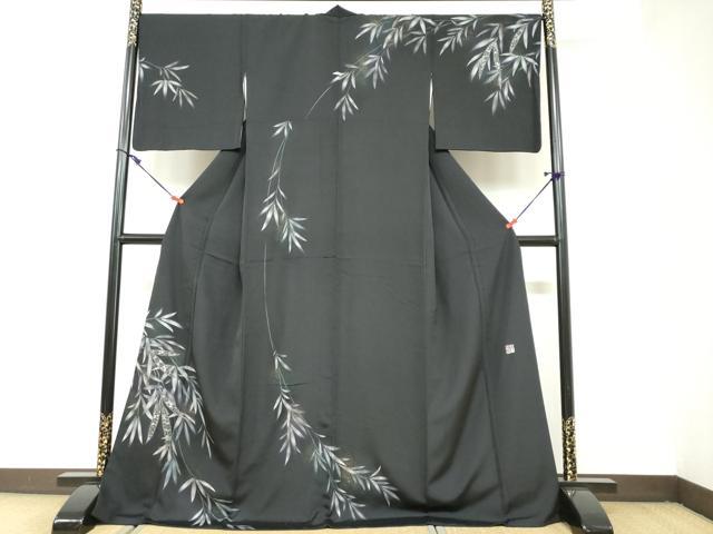 平和屋着物●訪問着　作家物　刺繍　笹文　黒地　金彩　さが美扱い　反端付き　ロング丈　正絹　逸品　DAAZ7726ud