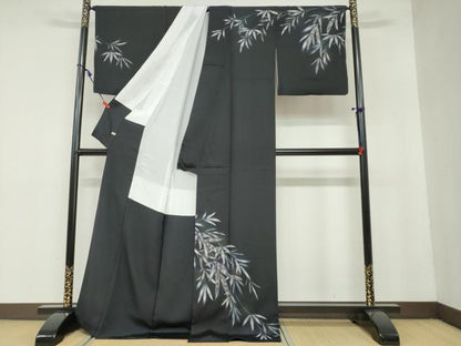 平和屋着物●訪問着　作家物　刺繍　笹文　黒地　金彩　さが美扱い　反端付き　ロング丈　正絹　逸品　DAAZ7726ud
