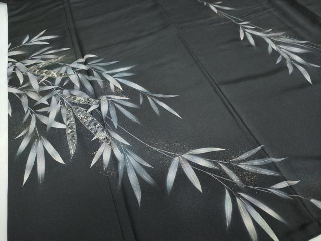 平和屋着物●訪問着　作家物　刺繍　笹文　黒地　金彩　さが美扱い　反端付き　ロング丈　正絹　逸品　DAAZ7726ud