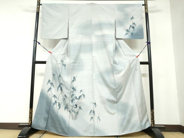 平和屋着物●訪問着　紬地　手描き　やまがおり工房　二郎作一　草花文　正絹　逸品　DAAZ7750ud 平和屋着物○訪問着 紬地 手描き やまがおり工房 二郎作一